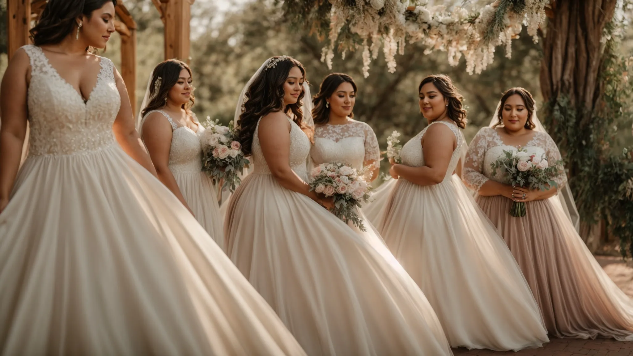 a stunning display of affordable plus-size modest wedding dresses elegantly arranged in a soft, natural light, showcasing diverse styles and fabrics that flatter every figure.