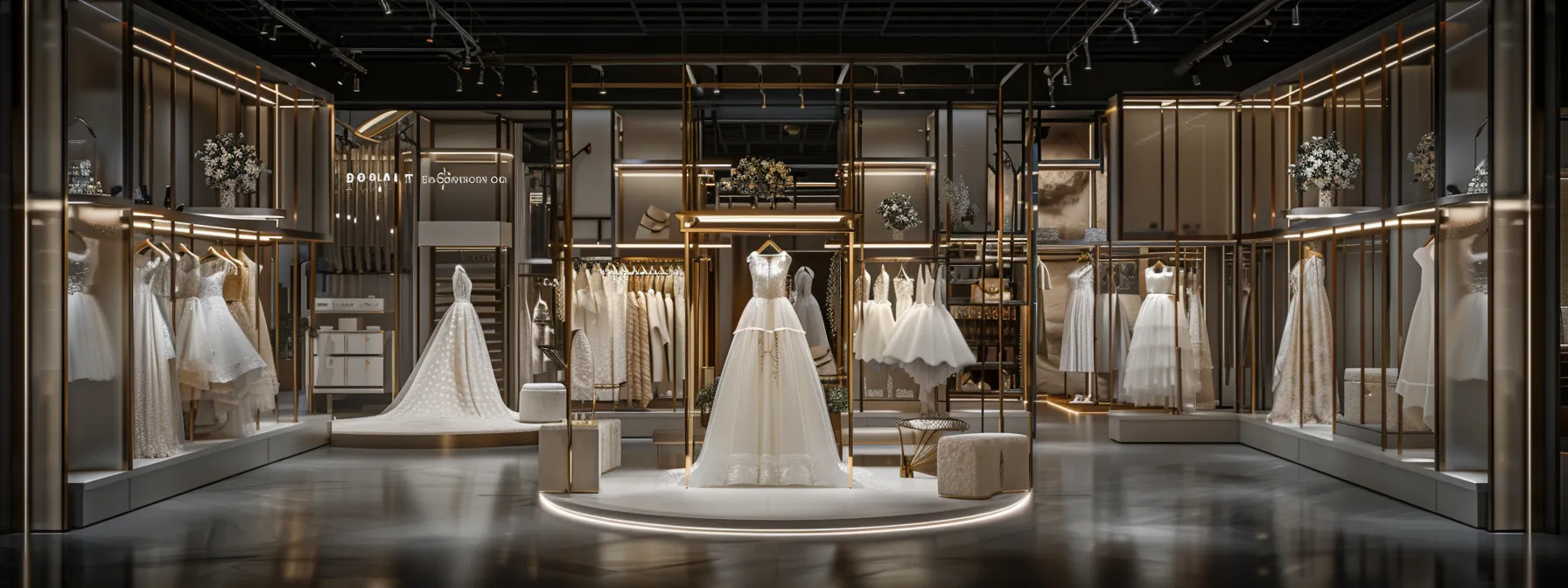 a stunning display of elegant wedding gowns hangs on luminous racks in a chic bridal boutique, showcasing a variety of styles with exquisite details like delicate appliqué and flowing organza, all set against a sophisticated urban backdrop. a stunning display of elegant wedding gowns hangs on luminous racks in a chic bridal boutique, showcasing a variety of styles with exquisite details like delicate appliqué and flowing organza, all set against a sophisticated urban backdrop.