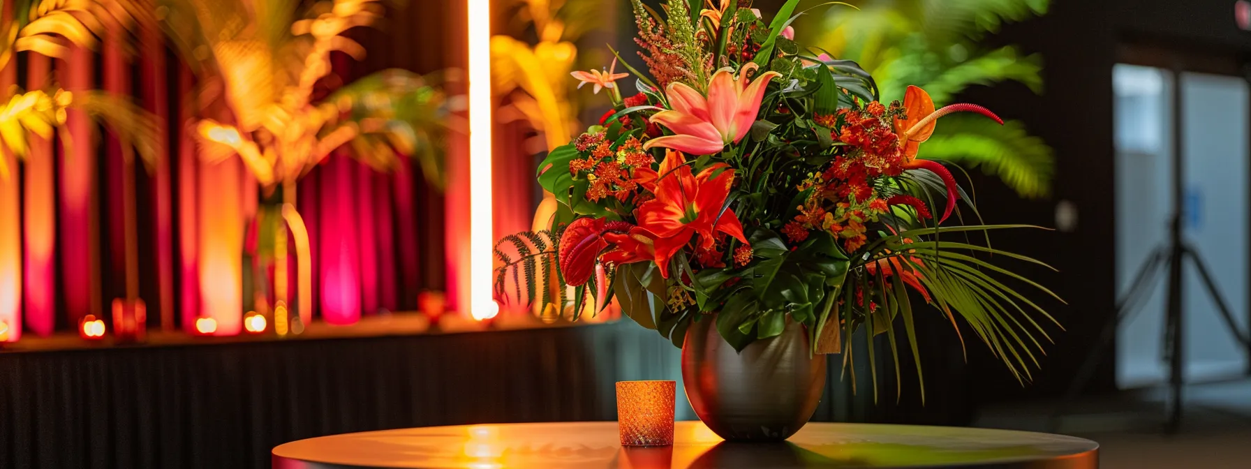 a stunning floral centerpiece arrangement on a sleek, modern table at a corporate event on the sunshine coast. a stunning floral centerpiece arrangement on a sleek, modern table at a corporate event on the sunshine coast.