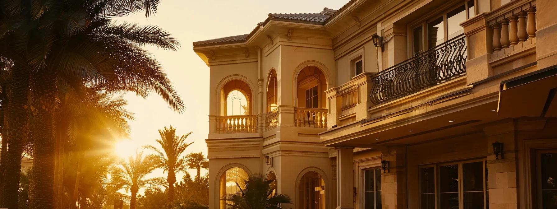 a stunning luxury home showcases rich, textured materials and meticulous architectural details under the golden glow of the setting sun. a stunning luxury home showcases rich, textured materials and meticulous architectural details under the golden glow of the setting sun.