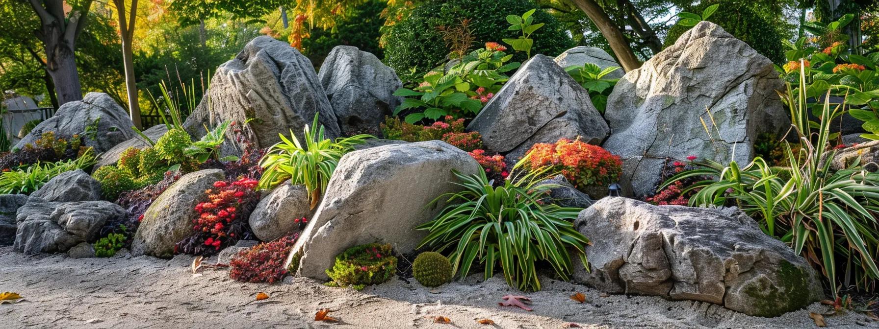 a stunning rock garden featuring large, strategically arranged boulders interspersed with colorful plants, creating a captivating focal point that highlights the harmonious balance between earthy textures and vibrant foliage in a modern outdoor setting.