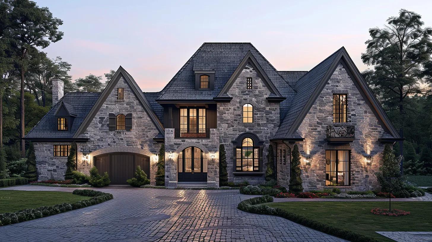 a stunning traditional home design embodies tudor architecture with its distinctive gabled roof, elegant stone façade, rich color palette, and beautifully landscaped gardens creating a warm and inviting atmosphere. a stunning traditional home design embodies tudor architecture with its distinctive gabled roof, elegant stone façade, rich color palette, and beautifully landscaped gardens creating a warm and inviting atmosphere.