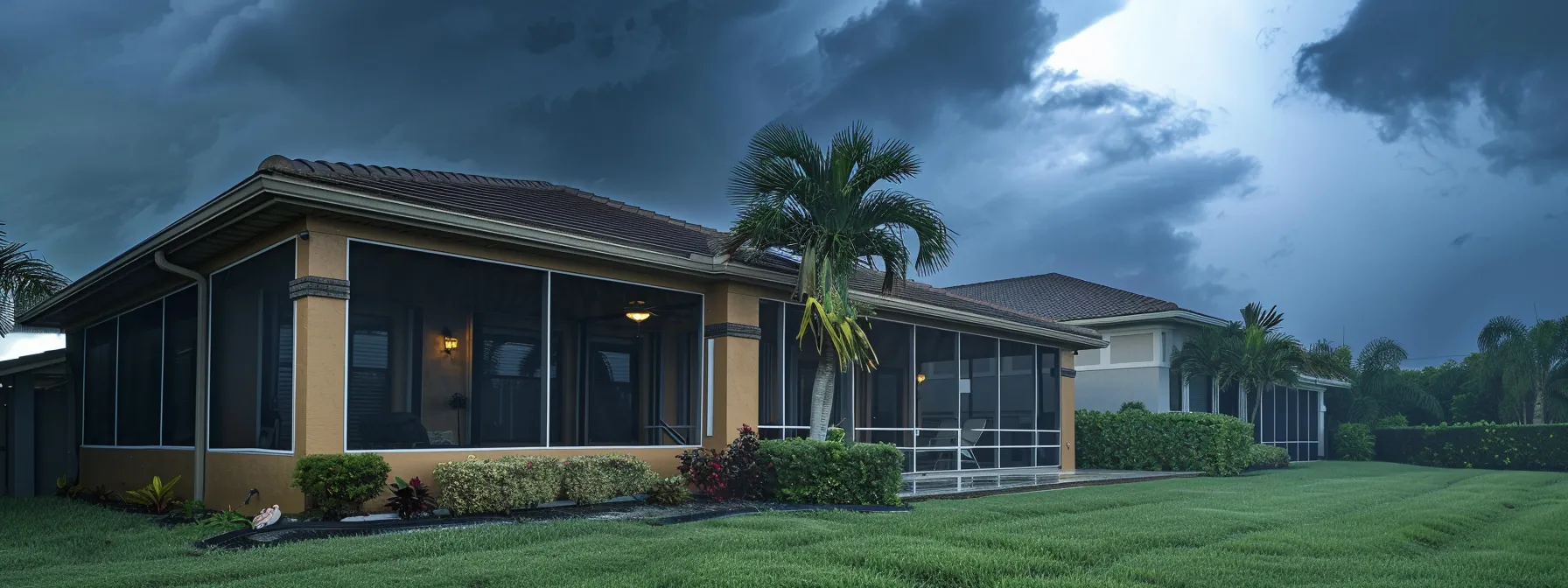 a sturdy hurricane screen protecting a beautiful home from flying debris during a storm, demonstrating its durability and functionality. a sturdy hurricane screen protecting a beautiful home from flying debris during a storm, demonstrating its durability and functionality.