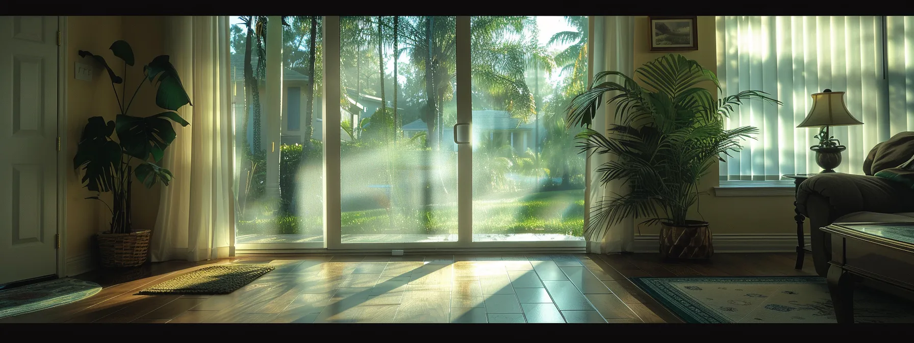 a sturdy hurricane screen tightly covering a sliding glass door, withstanding powerful winds and debris, showcasing its durability and protective functionality. a sturdy hurricane screen tightly covering a sliding glass door, withstanding powerful winds and debris, showcasing its durability and protective functionality.