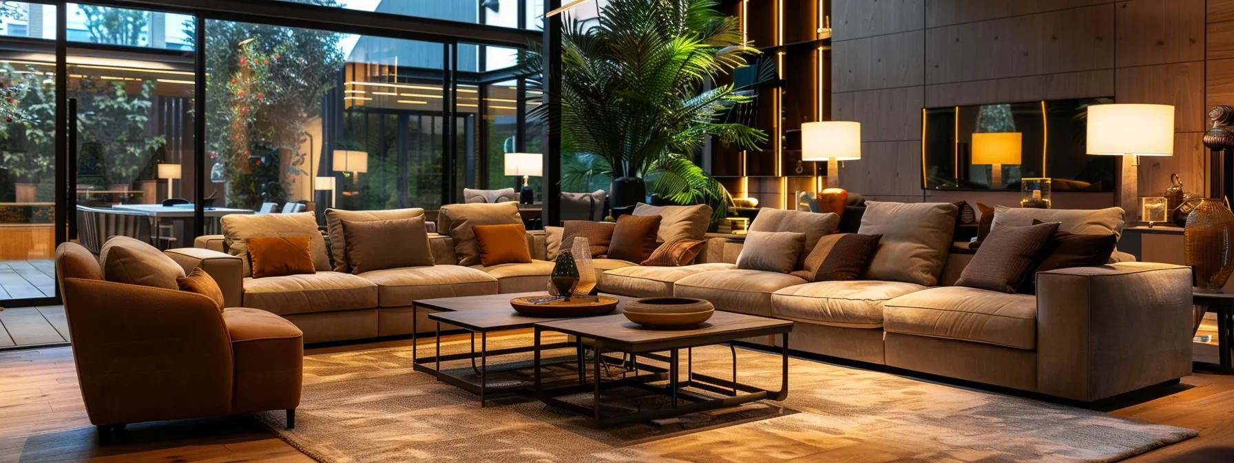 a stylish and inviting modern living room, featuring comfortable furniture and warm, ambient lighting, designed to create a cozy and welcoming atmosphere perfect for relaxation and socializing.