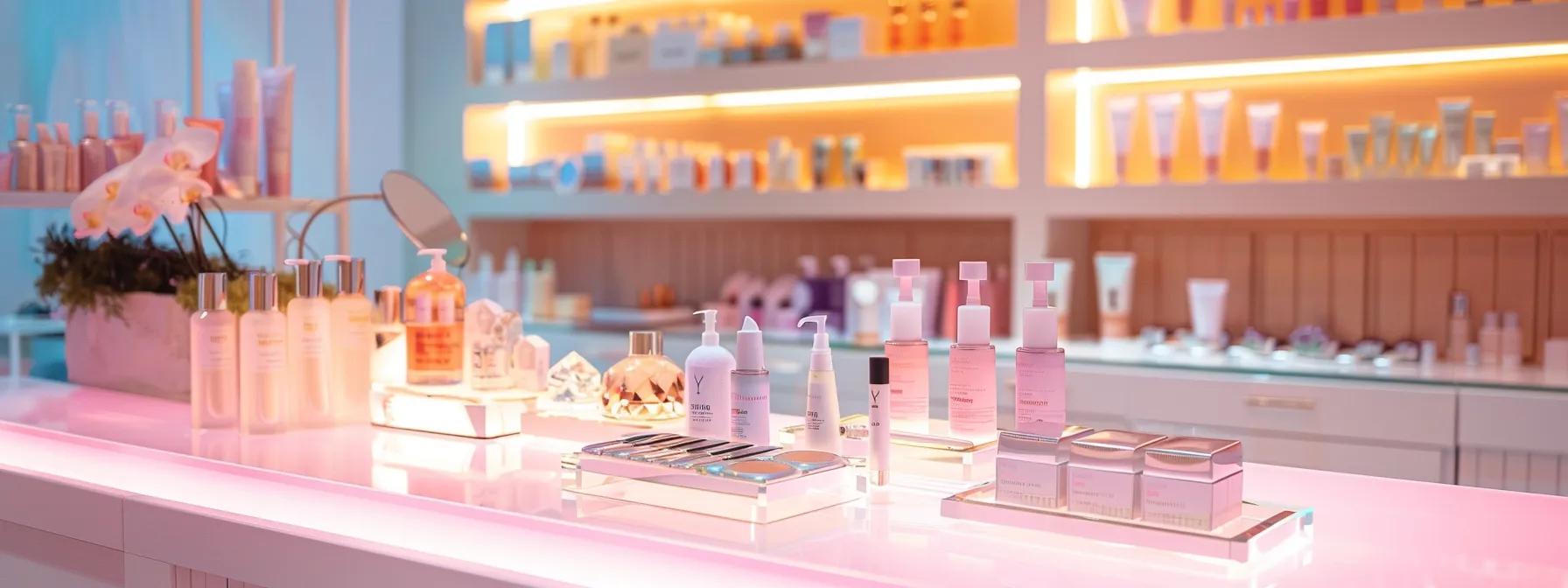 a stylish and modern salon setting showcases a vibrant display of eyelash lift and extension options, highlighting beauty products and tools organized elegantly on a sleek countertop, with soft, ambient lighting enhancing the atmosphere.