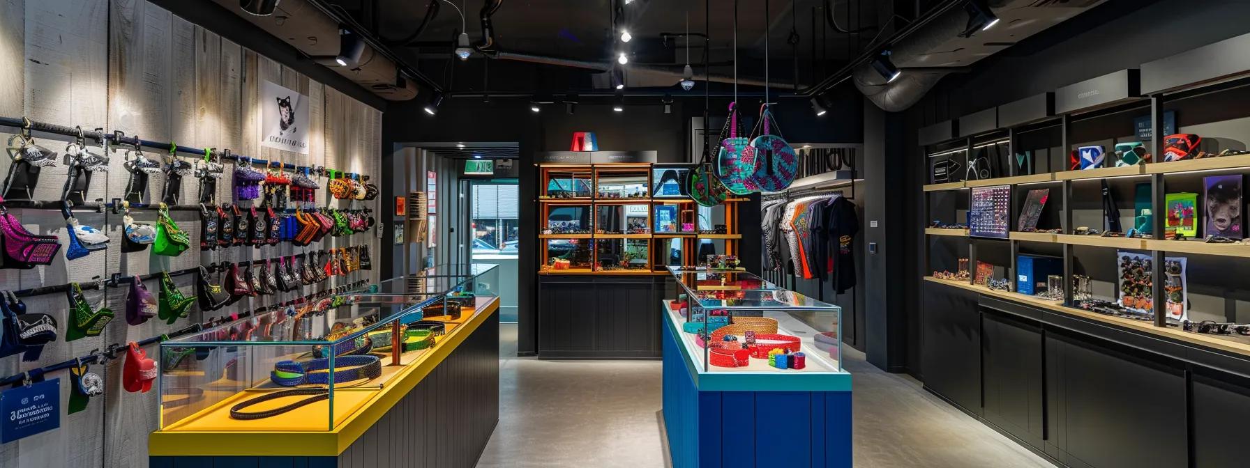 a stylish and modern urban pet store interior showcases a vibrant display of various high-quality collars for small dogs, emphasizing their durability and trendy designs. a stylish and modern urban pet store interior showcases a vibrant display of various high-quality collars for small dogs, emphasizing their durability and trendy designs.