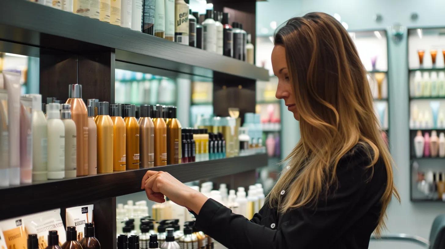 a stylish beauty consultant in a chic, modern salon meticulously examines various clip-in hair extensions, showcasing a vibrant array of colors and textures against a sleek mirror backdrop, emphasizing quality and variety for informed purchasing decisions.