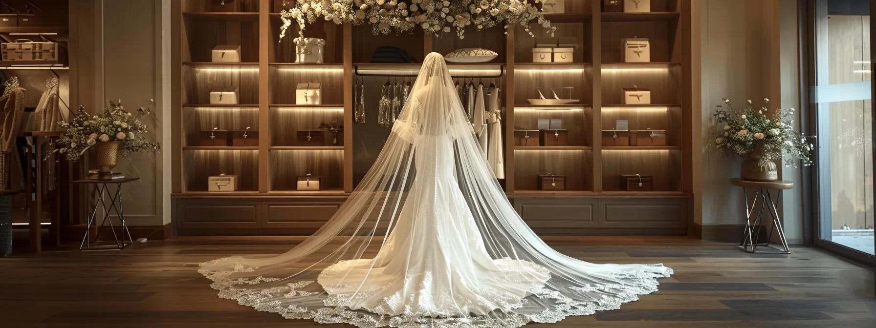 a stylish bridal boutique showcases a stunning wedding gown paired with an exquisite cathedral-length veil, elegantly displayed on a mannequin against a chic, minimalist backdrop that highlights the intricate details of both the dress and the veil. a stylish bridal boutique showcases a stunning wedding gown paired with an exquisite cathedral-length veil, elegantly displayed on a mannequin against a chic, minimalist backdrop that highlights the intricate details of both the dress and the veil.