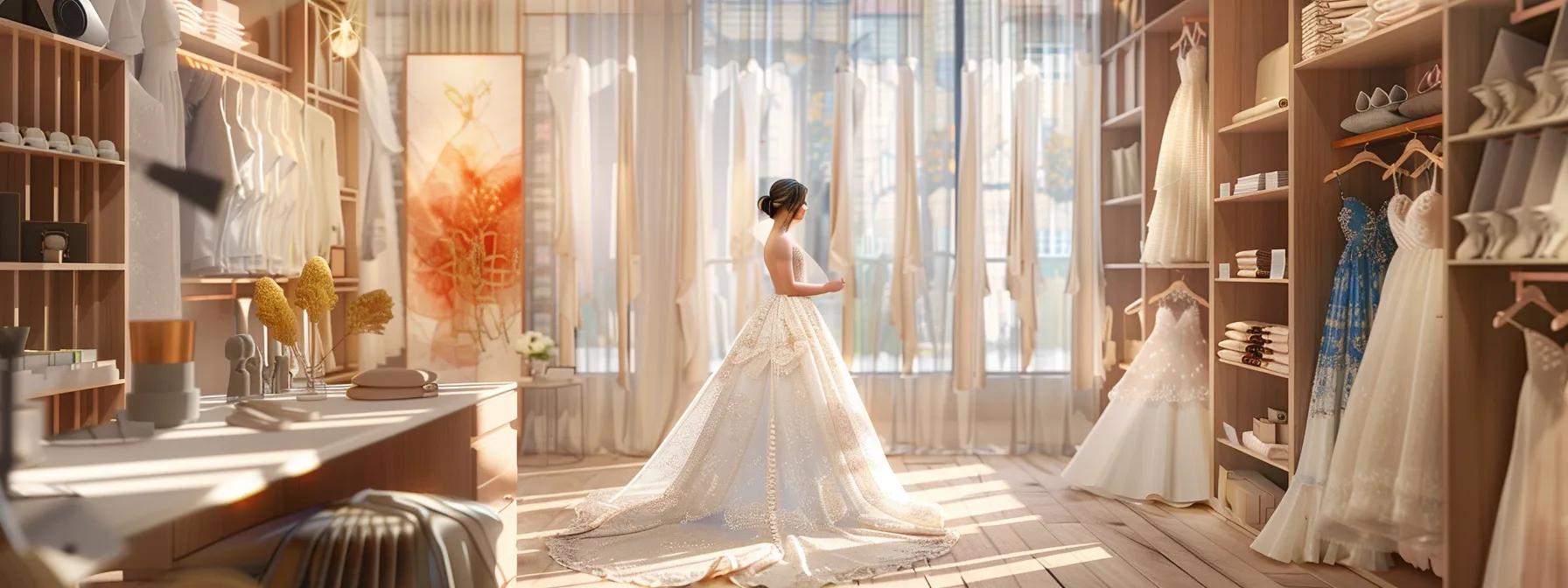 a stylish bridal studio adorned with elegant fabric swatches and design sketches showcases a focused designer consulting with a bride-to-be, emphasizing the personalized experience of creating a custom plus size modest wedding dress. a stylish bridal studio adorned with elegant fabric swatches and design sketches showcases a focused designer consulting with a bride-to-be, emphasizing the personalized experience of creating a custom plus size modest wedding dress.