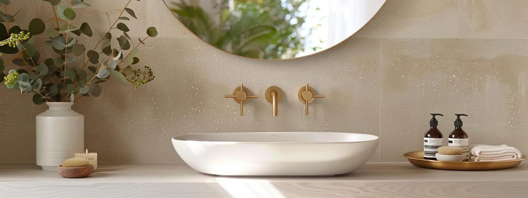 a stylish coastal bathroom featuring elegant brushed brass tapware, with sleek, modern fixtures reflecting soft, ambient lighting against a backdrop of calming, neutral tones and minimalist decor. a stylish coastal bathroom featuring elegant brushed brass tapware, with sleek, modern fixtures reflecting soft, ambient lighting against a backdrop of calming, neutral tones and minimalist decor.