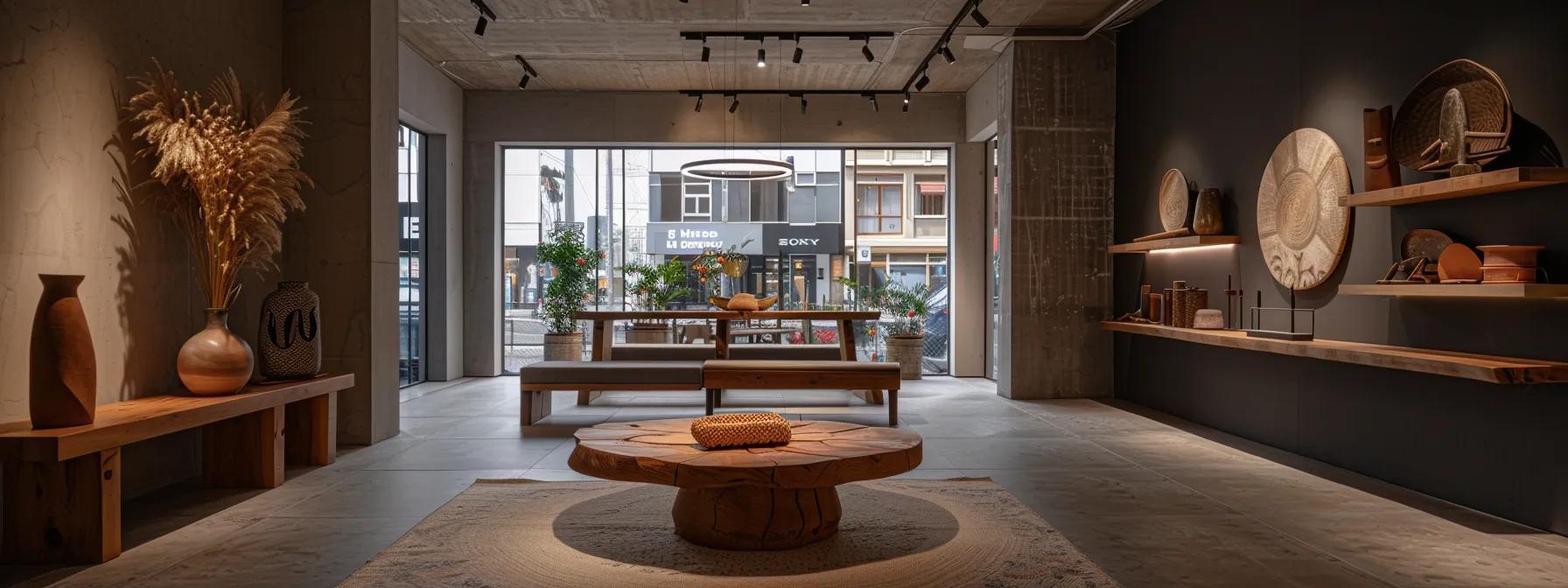 a stylish, contemporary furniture showroom featuring elegant pieces crafted from rich, sustainably sourced chocolate wood, illuminated by soft, warm lighting that highlights their ethical craftsmanship and modern design.