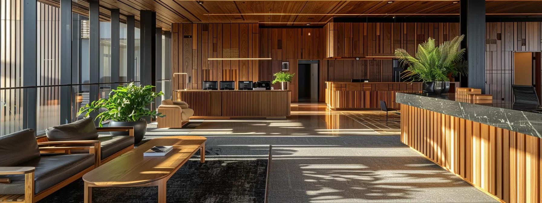 a stylish, contemporary office space showcases unique pieces of chocolate wood's artisanal wooden furniture, highlighting the elegant design and luxurious finish of australian hardwoods against a minimalist backdrop.