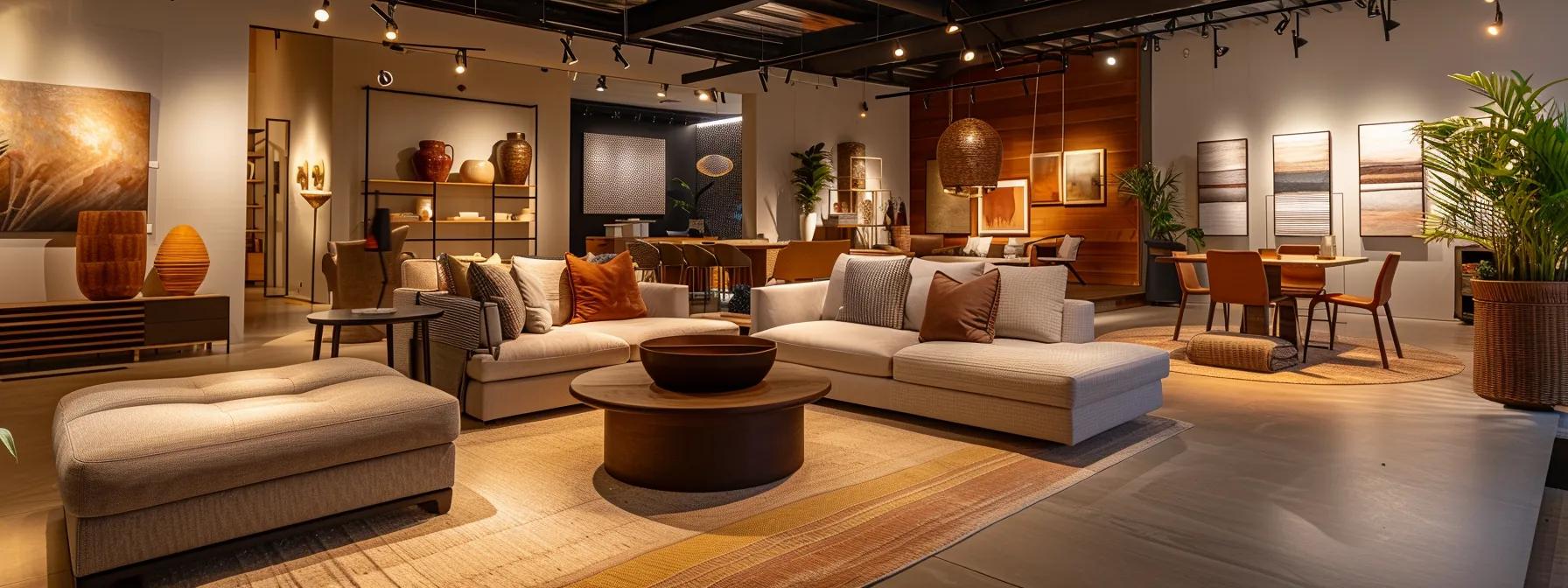 a stylish, contemporary showroom filled with elegant, custom-designed furniture pieces, showcasing intricate craftsmanship and luxurious textures, illuminated by soft, focused lighting that highlights the unique details and inviting atmosphere, perfect for discerning homeowners seeking tailored elegance.