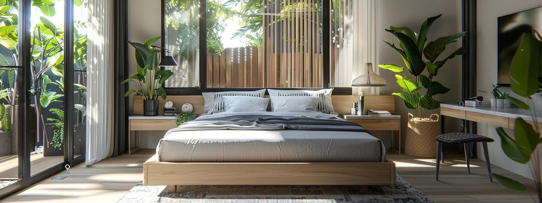 a stylish, eco-friendly bedroom featuring a premium bamboo mattress topper atop a sleek, minimalist bed, surrounded by contemporary decor that reflects the australian lifestyle and commitment to sustainability. a stylish, eco-friendly bedroom featuring a premium bamboo mattress topper atop a sleek, minimalist bed, surrounded by contemporary decor that reflects the australian lifestyle and commitment to sustainability.