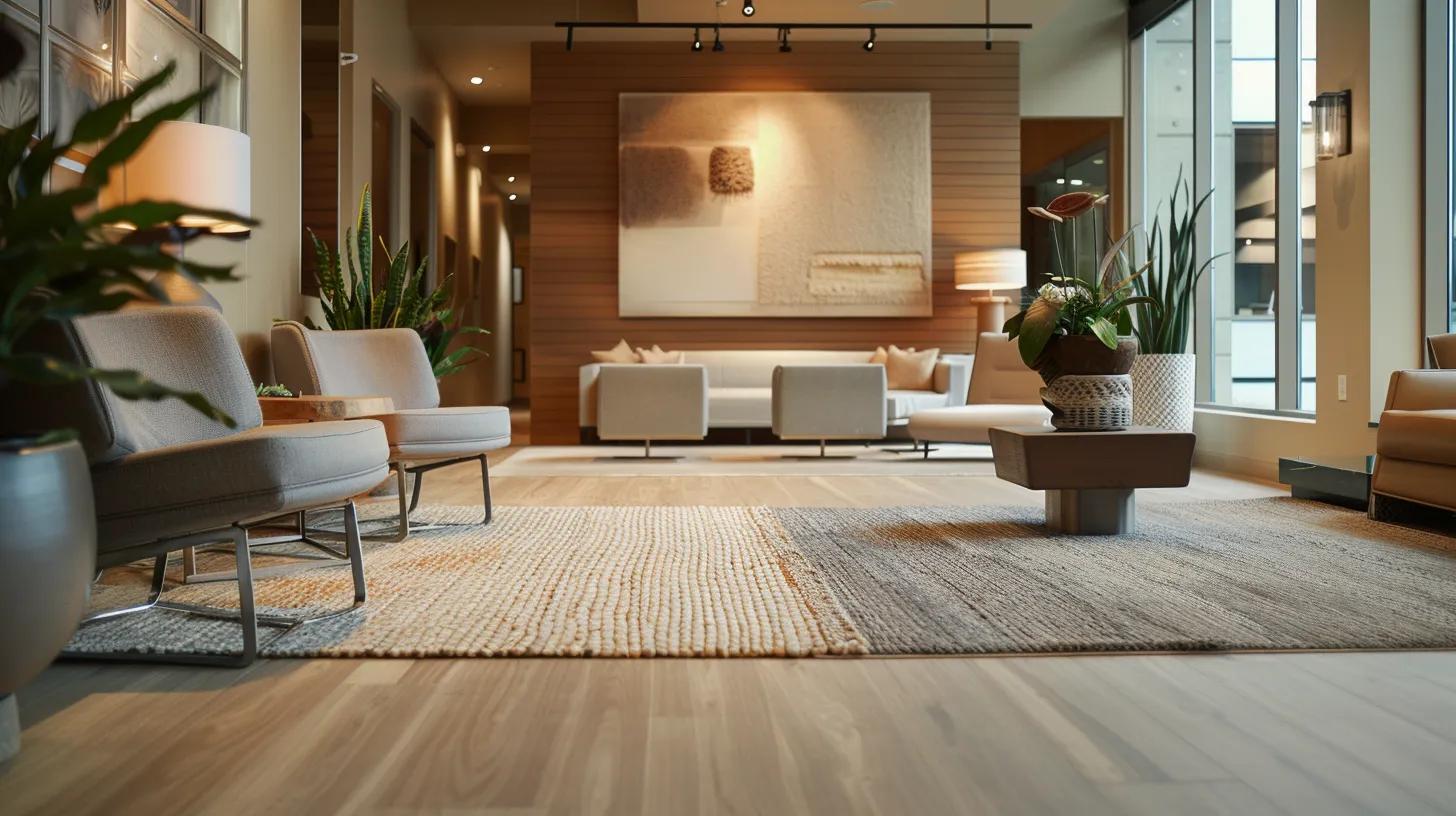 Stylish modern interior featuring comfortable seating, natural plants, and a combination of hardwood and textured rugs, emphasizing aesthetic appeal and energy-efficient design suitable for Fargo's climate.