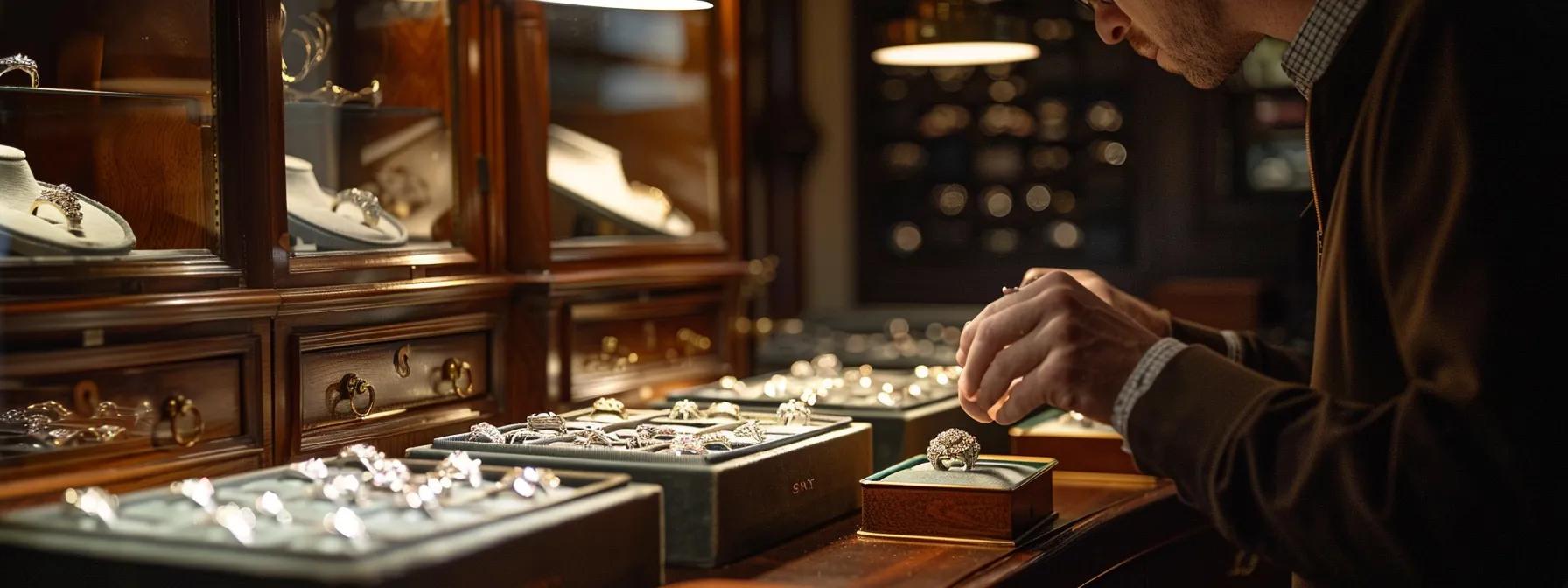 a stylish jeweler's workspace features an array of exquisite engagement rings displayed on elegant velvet trays, with an artisan thoughtfully examining a ring against a backdrop of polished wooden cabinets and ambient task lighting. a stylish jeweler's workspace features an array of exquisite engagement rings displayed on elegant velvet trays, with an artisan thoughtfully examining a ring against a backdrop of polished wooden cabinets and ambient task lighting.