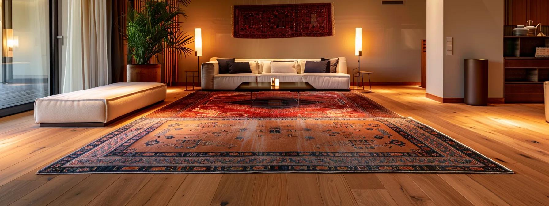 Stylish living room featuring a large, decorative area rug, modern furniture, soft lighting, and a warm wooden floor, emphasizing eco-friendly and elegant interior design.