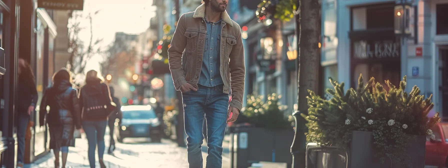 a stylish male model confidently struts down the street in perfectly stacked jeans, exuding modernity and comfort. a stylish male model confidently struts down the street in perfectly stacked jeans, exuding modernity and comfort.