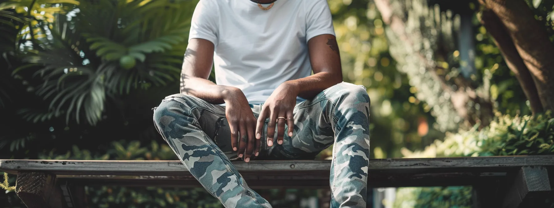 a stylish man confidently rocking camo stacked jeans paired with a casual t-shirt and sneakers, showcasing effortless coolness in a summer setting. a stylish man confidently rocking camo stacked jeans paired with a casual t-shirt and sneakers, showcasing effortless coolness in a summer setting.