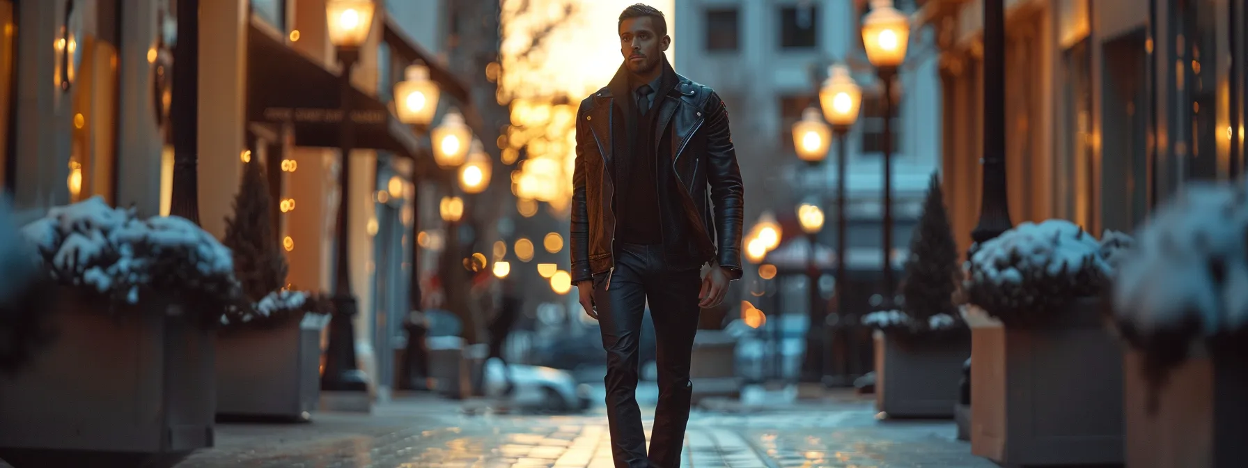 a stylish man confidently struts down the street in stacked leather pants, effortlessly blending casual and formal elements for a versatile look. a stylish man confidently struts down the street in stacked leather pants, effortlessly blending casual and formal elements for a versatile look.