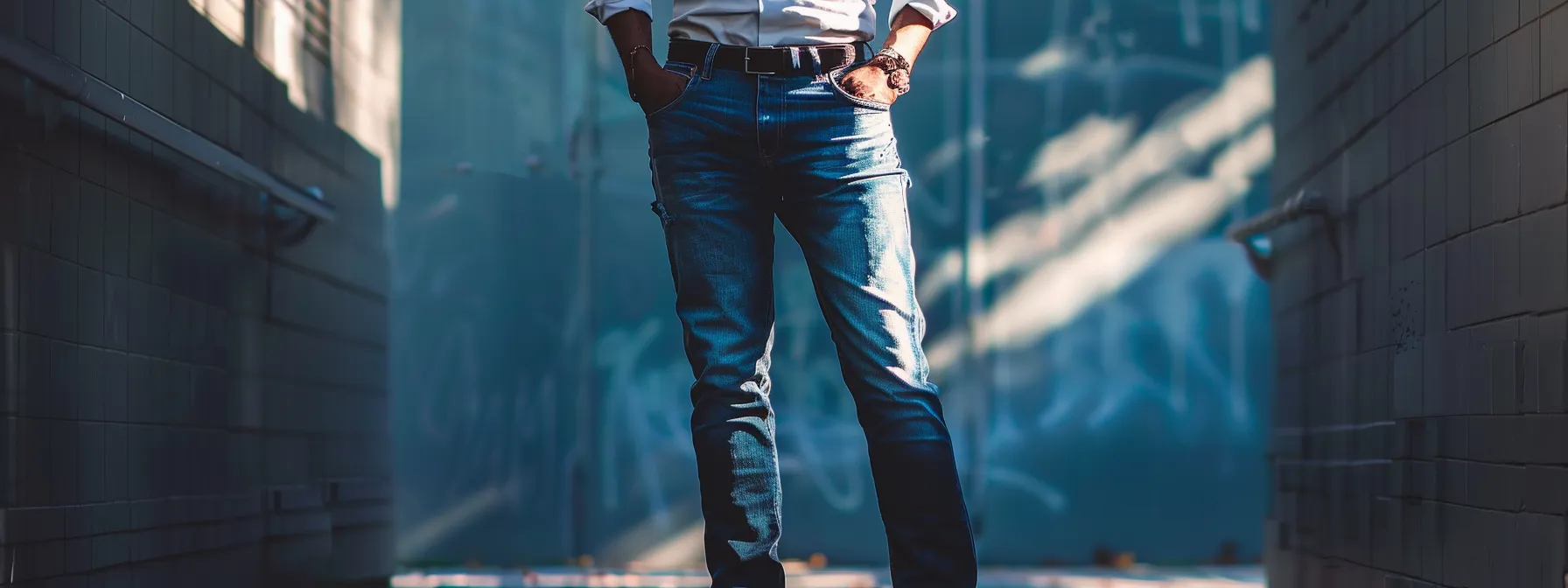 a stylish man standing confidently in modern stacked jeans with a sleek outfit and trendy accessories, exuding a cool and fashionable vibe. a stylish man standing confidently in modern stacked jeans with a sleek outfit and trendy accessories, exuding a cool and fashionable vibe.