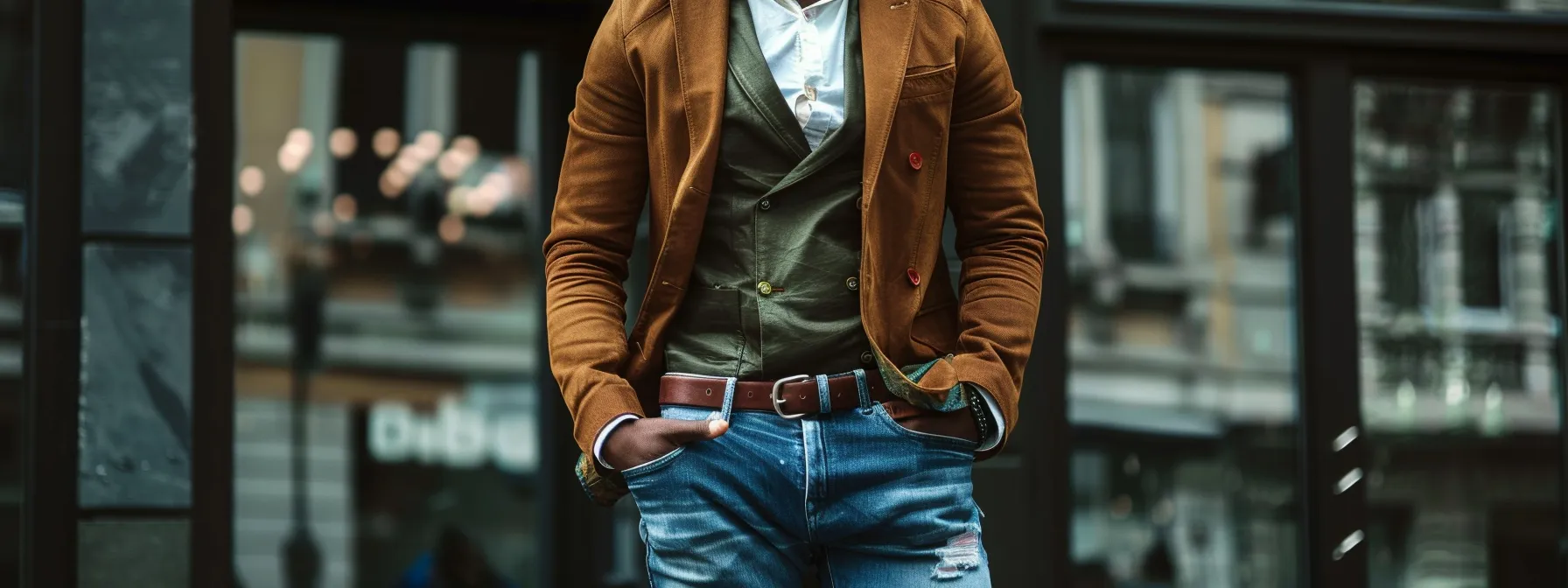 a stylish man standing confidently in stacked jeans, pairing them effortlessly with a tailored blazer and bold accessories to create a striking fashion statement. a stylish man standing confidently in stacked jeans, pairing them effortlessly with a tailored blazer and bold accessories to create a striking fashion statement.