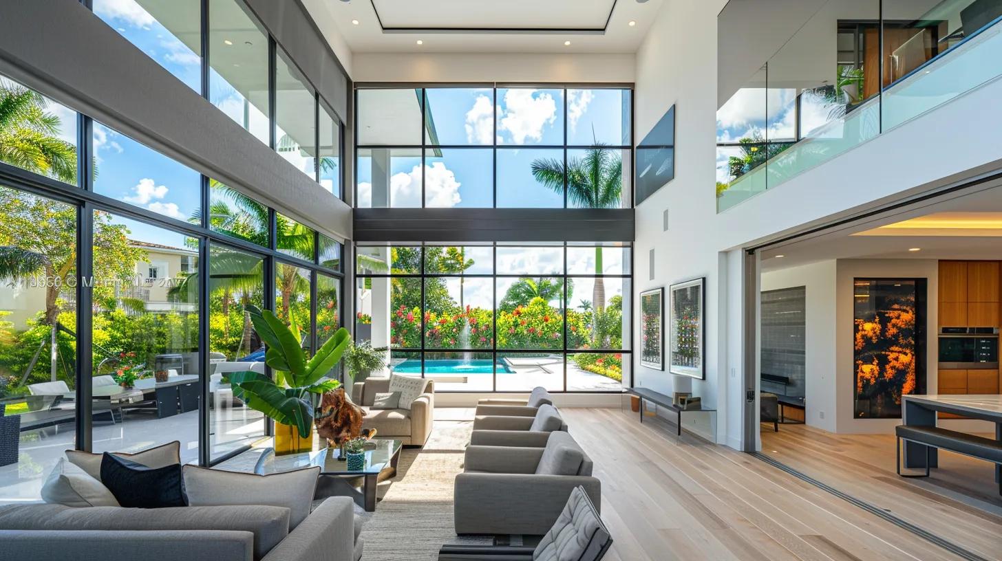 a stylish miami home showcases a selection of sleek, modern impact windows, highlighted in an elegant indoor setting with ambient lighting that emphasizes their robust design and energy-efficient features. a stylish miami home showcases a selection of sleek, modern impact windows, highlighted in an elegant indoor setting with ambient lighting that emphasizes their robust design and energy-efficient features.