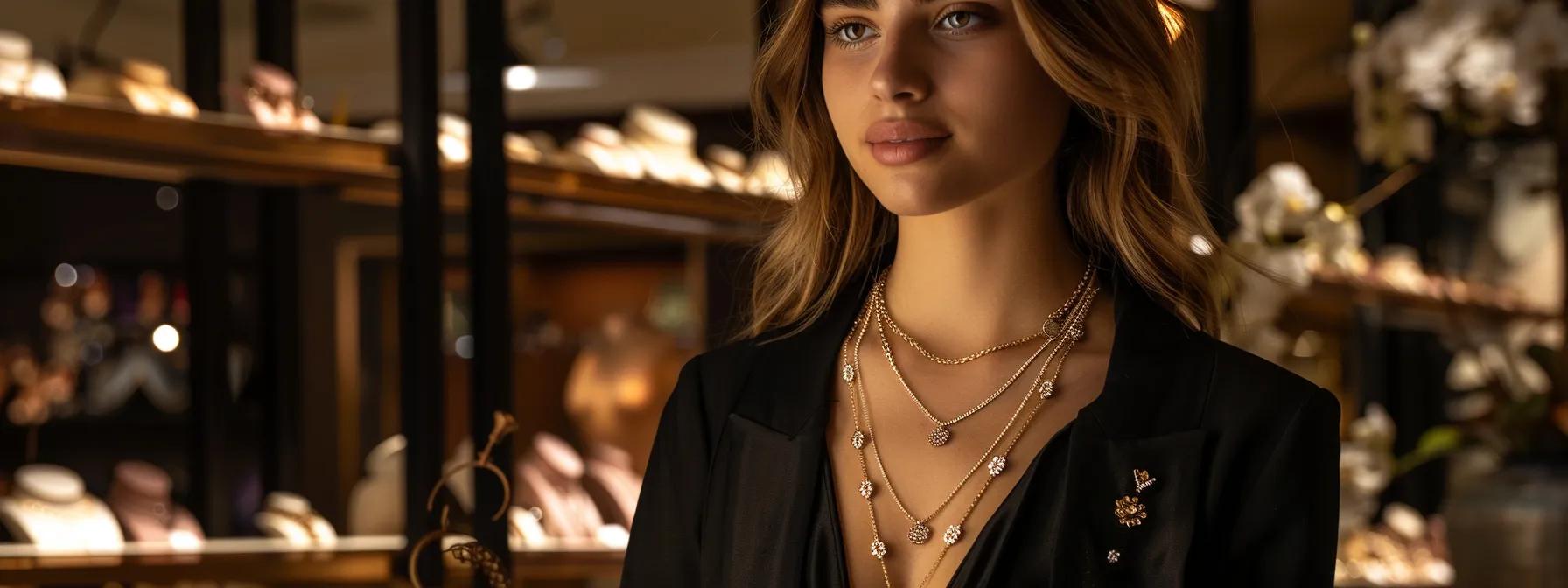 a stylish model showcases a variety of necklaces with different lengths, elegantly paired with diverse neckline types in a chic boutique setting, illuminated by soft, focused lighting that accentuates the interplay between the jewelry and clothing.