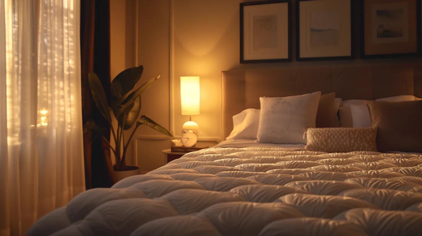 a stylish, modern bedroom featuring a luxurious medium-firm mattress with plush pillows and an adjustable base, illuminated by soft, ambient lighting, emphasizing comfort and optimal sleep support for a healthier lifestyle. a stylish, modern bedroom featuring a luxurious medium-firm mattress with plush pillows and an adjustable base, illuminated by soft, ambient lighting, emphasizing comfort and optimal sleep support for a healthier lifestyle.