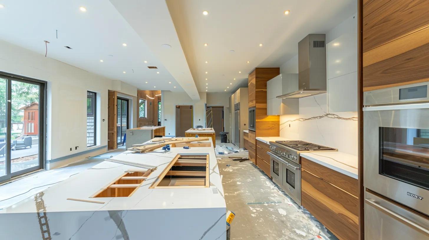 a stylish modern kitchen under renovation showcases luxurious materials and innovative design elements, emphasizing the personalization of upgrades through sleek countertops and custom cabinetry, set against a backdrop of tools and equipment that signify an expert remodeling process. a stylish modern kitchen under renovation showcases luxurious materials and innovative design elements, emphasizing the personalization of upgrades through sleek countertops and custom cabinetry, set against a backdrop of tools and equipment that signify an expert remodeling process.