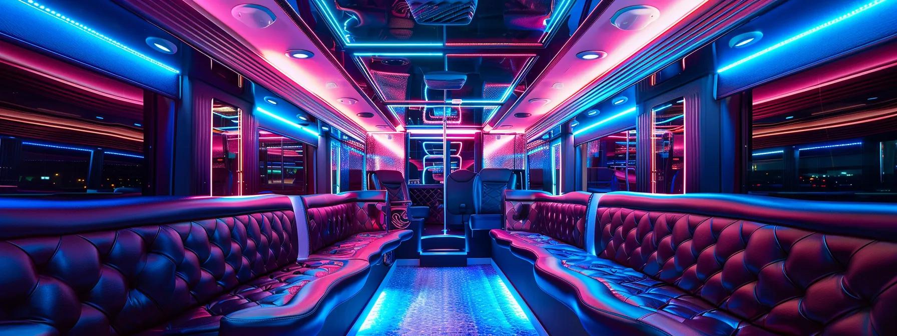 a stylish, modern lounge inside a vibrant party bus, featuring plush seating and dynamic lighting, captures the essence of luxury transportation for special events. a stylish, modern lounge inside a vibrant party bus, featuring plush seating and dynamic lighting, captures the essence of luxury transportation for special events.