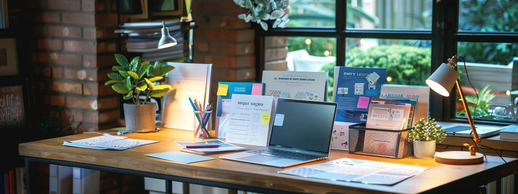 a stylish, modern office desk adorned with elegant wedding invitation designs, vibrant promotional flyers, and a sleek laptop displaying an email subscription confirmation, all under dynamic, focused lighting that emphasizes the theme of accessing exclusive wedding discounts and gifts.