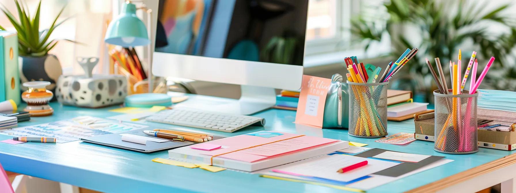 a stylish, modern office desk is adorned with a vibrant array of wedding invitation designs, sample envelopes, and budgeting tools, highlighting creative and budget-friendly stationery options for couples planning their special day.