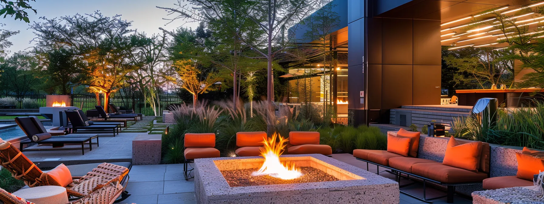 a stylish, modern outdoor living space showcases a newly installed fire pit, surrounded by sleek seating and vibrant decor, all under the warm glow of evening lights, emphasizing the ultimate backyard transformation.