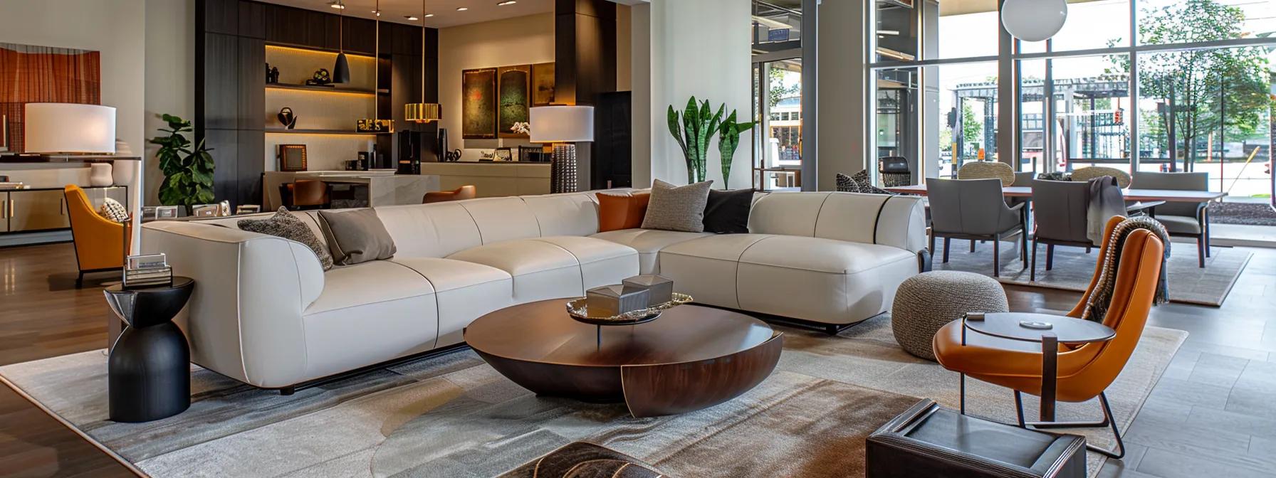 a stylish, modern showroom in buckhead, ga, showcases exquisite custom furniture designs by basilica furniture, highlighting rich textures and elegant craftsmanship against a chic urban backdrop.