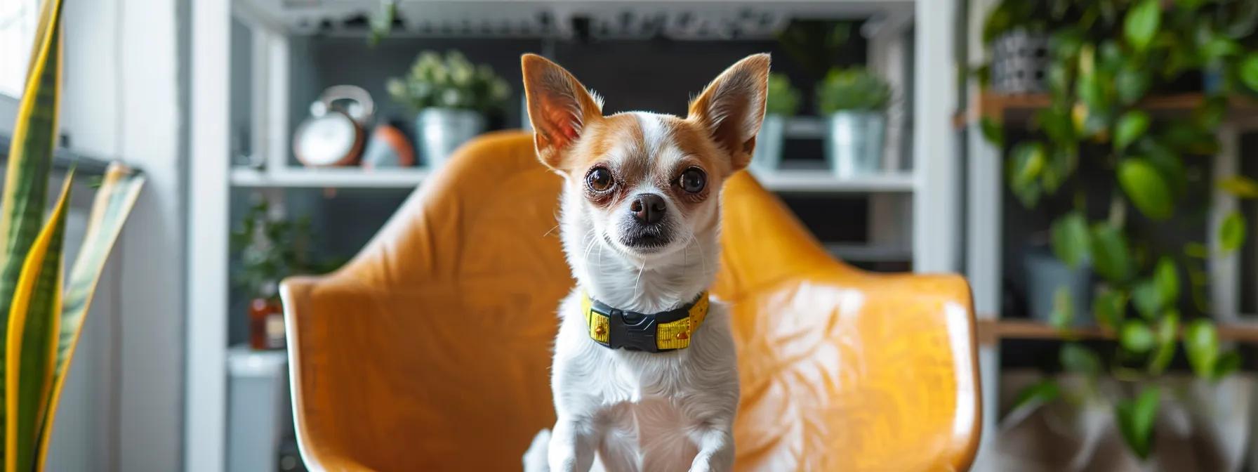 a stylish small dog with a vibrant collar sits confidently on a modern, sleek office chair, surrounded by training tools and pet care items that emphasize its comfort and sophistication. a stylish small dog with a vibrant collar sits confidently on a modern, sleek office chair, surrounded by training tools and pet care items that emphasize its comfort and sophistication.