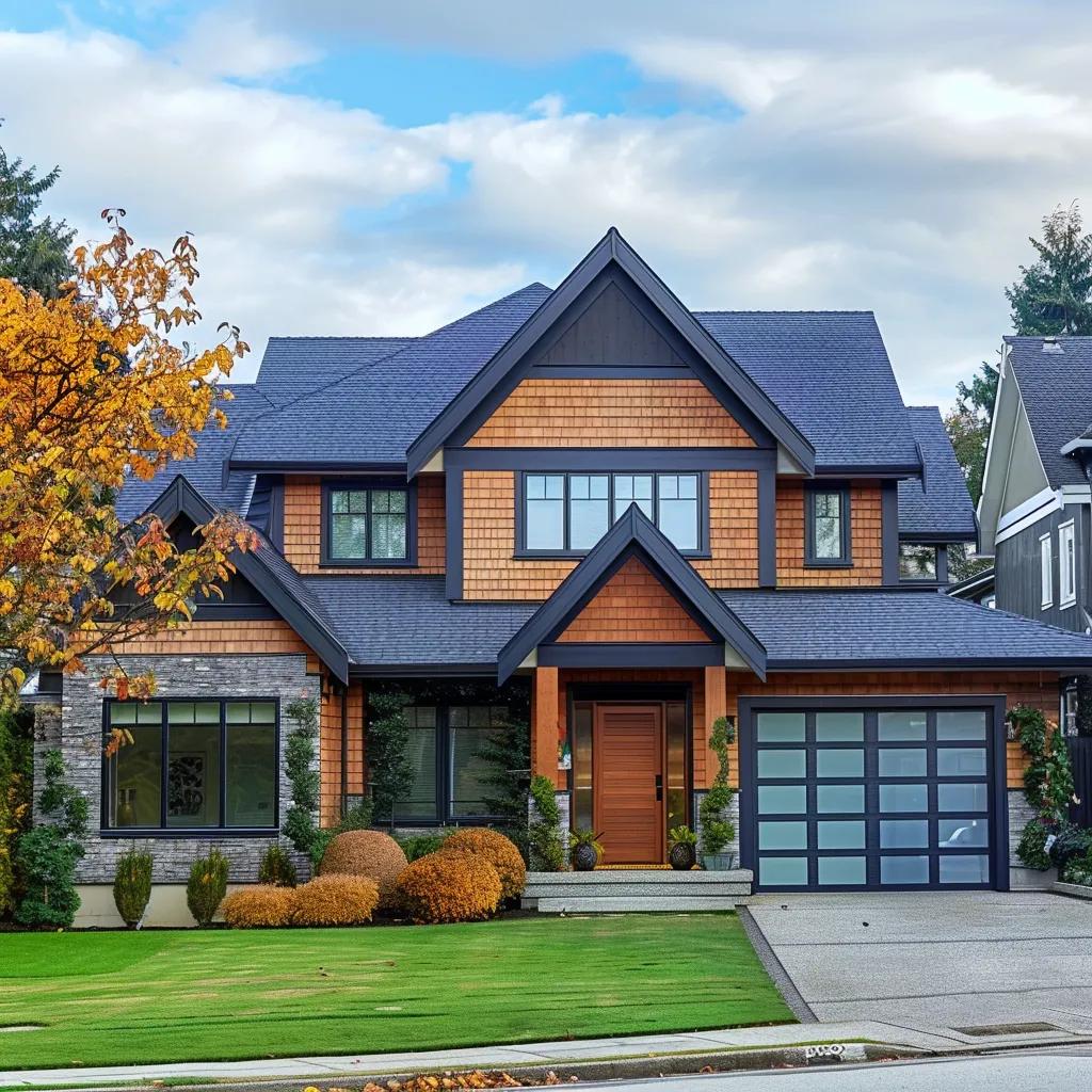 a stylish suburban home showcases a striking array of shingle colors on its roof, with a well-designed front façade that highlights the harmonious blend of hues, set against a contemporary neighborhood backdrop.
