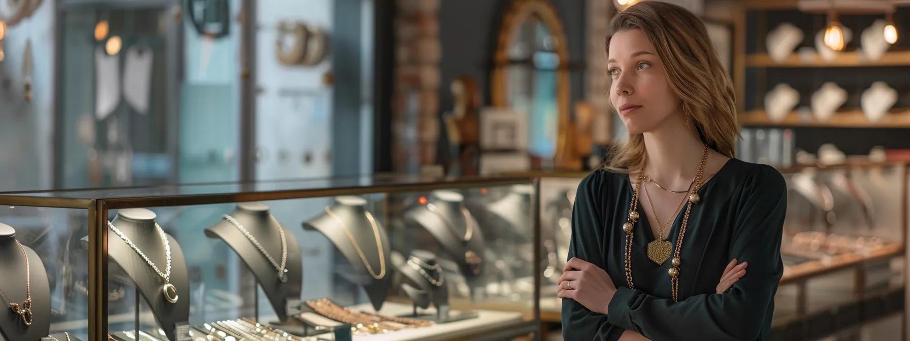 a stylish woman stands confidently in a chic urban boutique, showcasing a variety of elegant necklaces on a sleek display, with mirrored surfaces reflecting different lengths and styles, emphasizing how personal factors influence necklace selection.