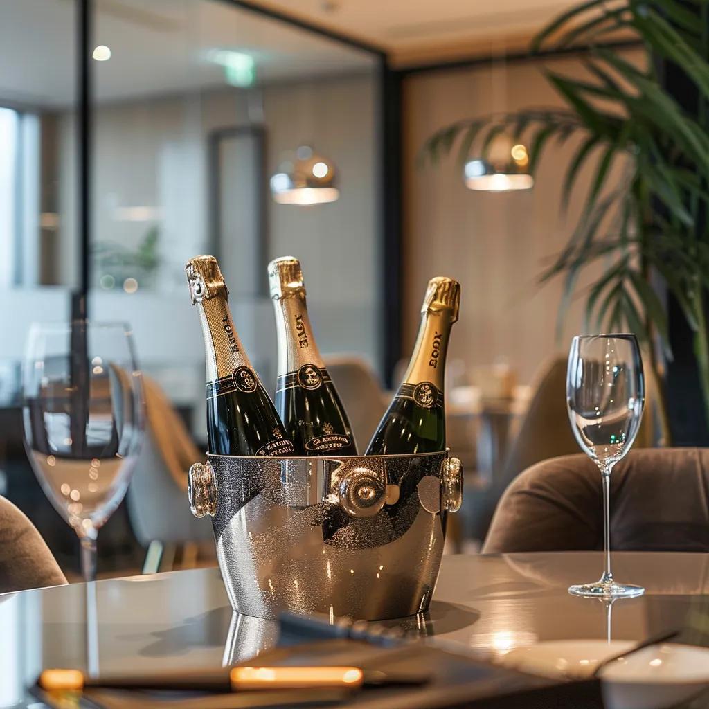 a stylishly arranged luxury office setting features a sleek ice bucket holding several elegantly personalised champagne bottles with custom labels, set against a backdrop of sophisticated décor, conveying the essence of special occasions and refined gifting in london.