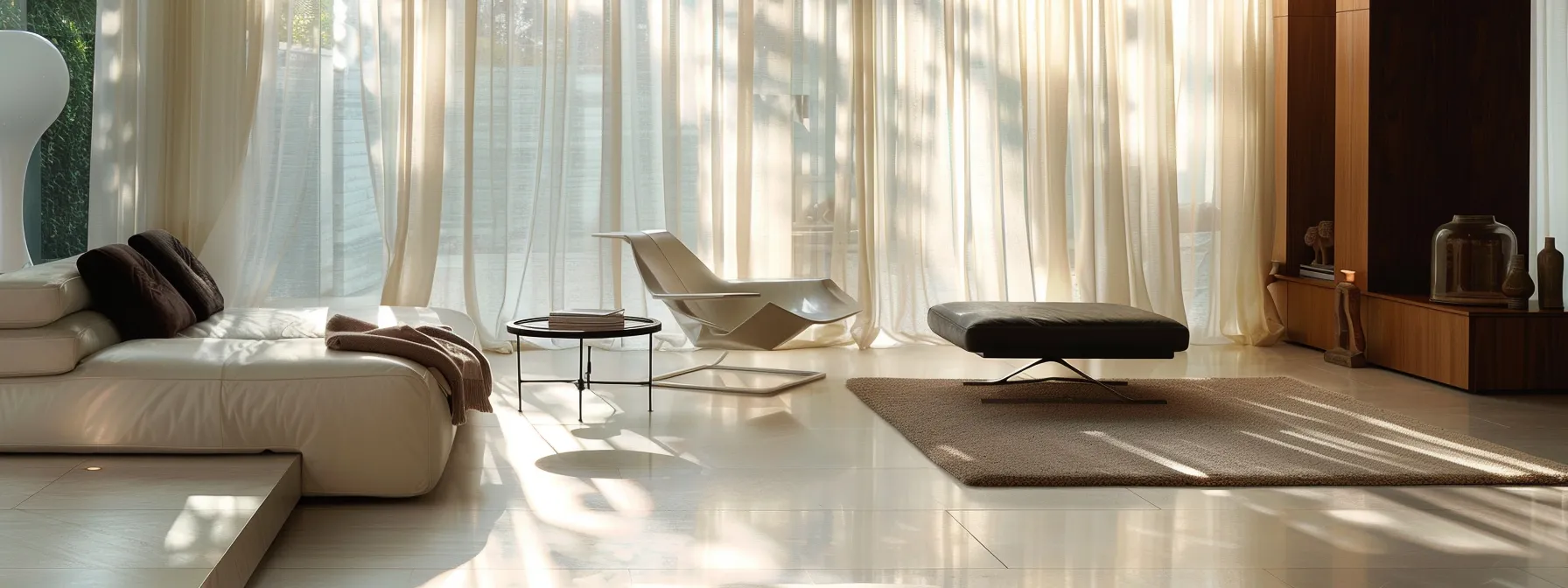 a stylishly arranged modern living room showcases an elegant display of sheer and semi-sheer white window curtains, allowing soft, diffused light to fill the space, while a backdrop of chic furniture and decorative items highlights the curtains' texture and quality.