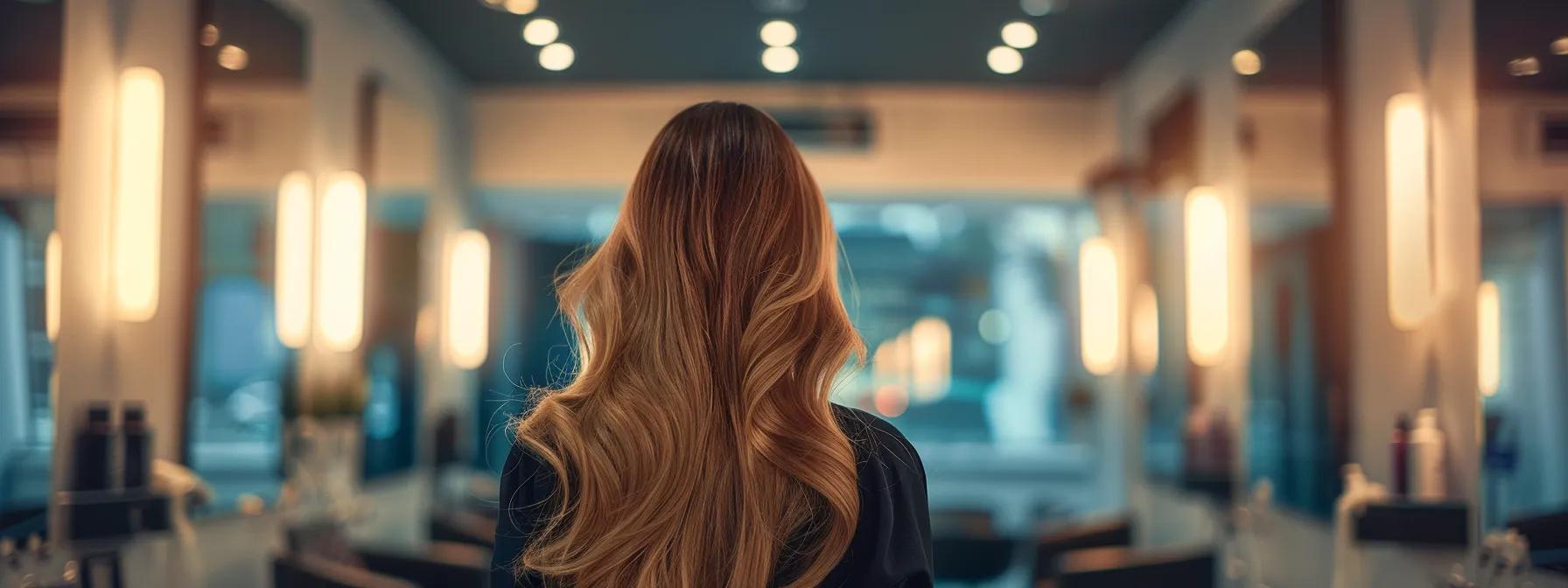 a stylishly arranged salon setting features a confident individual with seamlessly blended clip-in hair extensions, illuminated by soft, focused studio lighting, showcasing the natural movement and texture of the hair.
