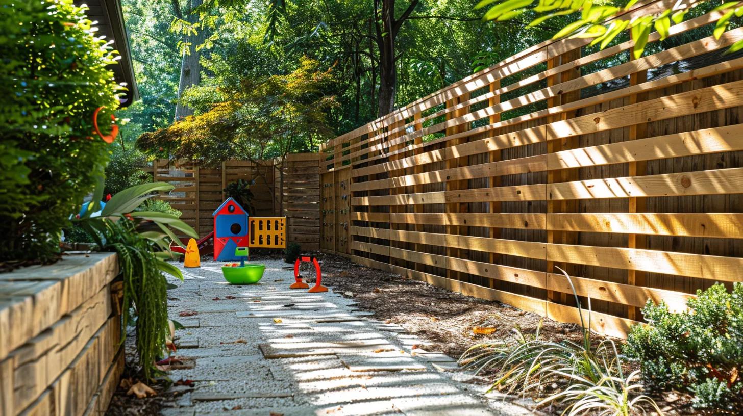 a stylishly designed wooden fence encircles a vibrant atlanta backyard play area, with colorful children’s toys visible and a modern security system seamlessly integrated, illustrating the perfect blend of safety and aesthetic appeal in an urban setting. a stylishly designed wooden fence encircles a vibrant atlanta backyard play area, with colorful children’s toys visible and a modern security system seamlessly integrated, illustrating the perfect blend of safety and aesthetic appeal in an urban setting.