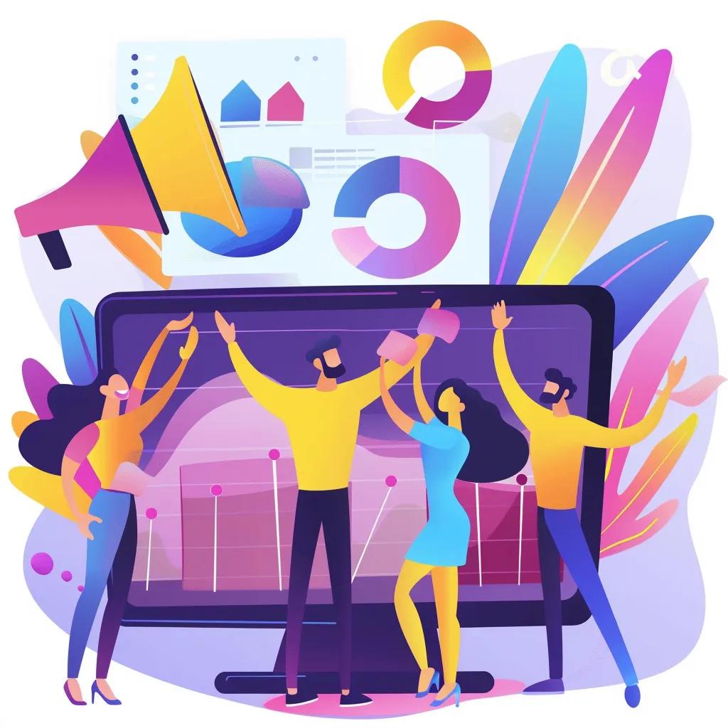 Successful startup team celebrating marketing campaign success with digital metrics