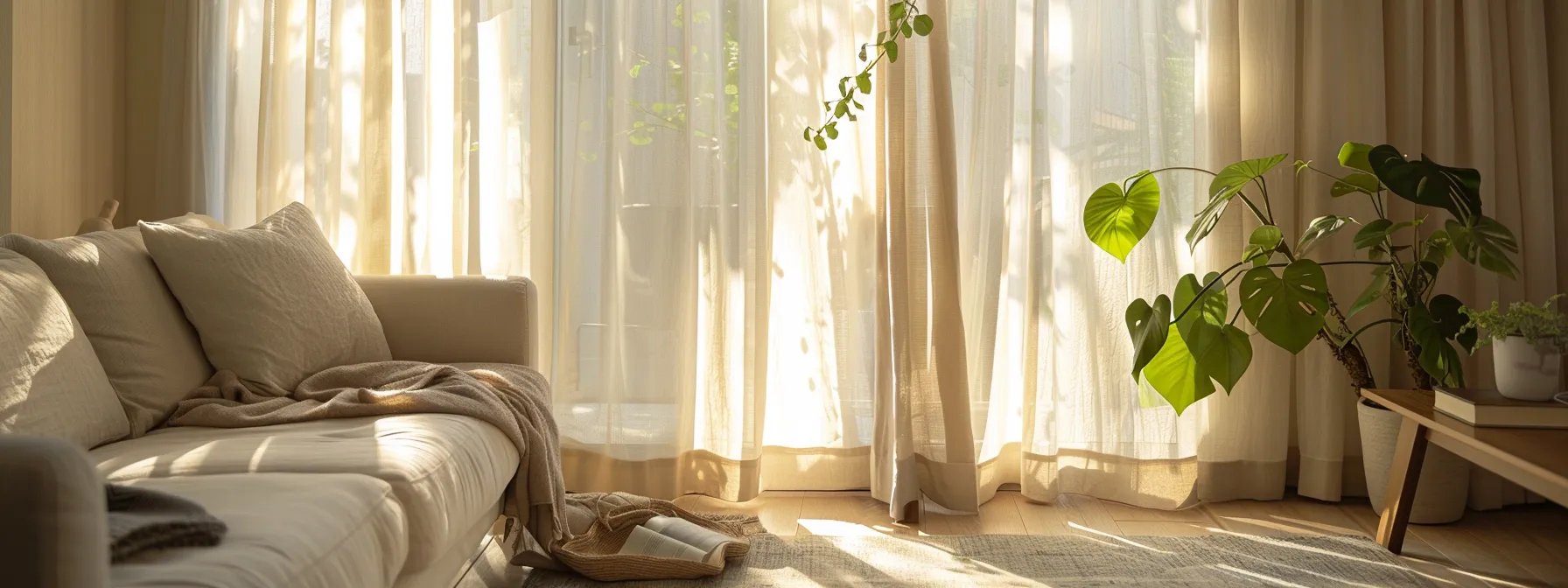 a sunlit living room with airy linen curtains billowing gently, enhancing the cozy ambiance and indoor air quality. a sunlit living room with airy linen curtains billowing gently, enhancing the cozy ambiance and indoor air quality.