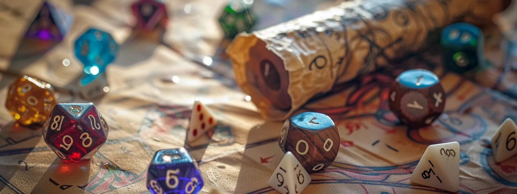 a dice roller on a table with d20 D&D dice surrounding it, having been used by the dice rolling tower