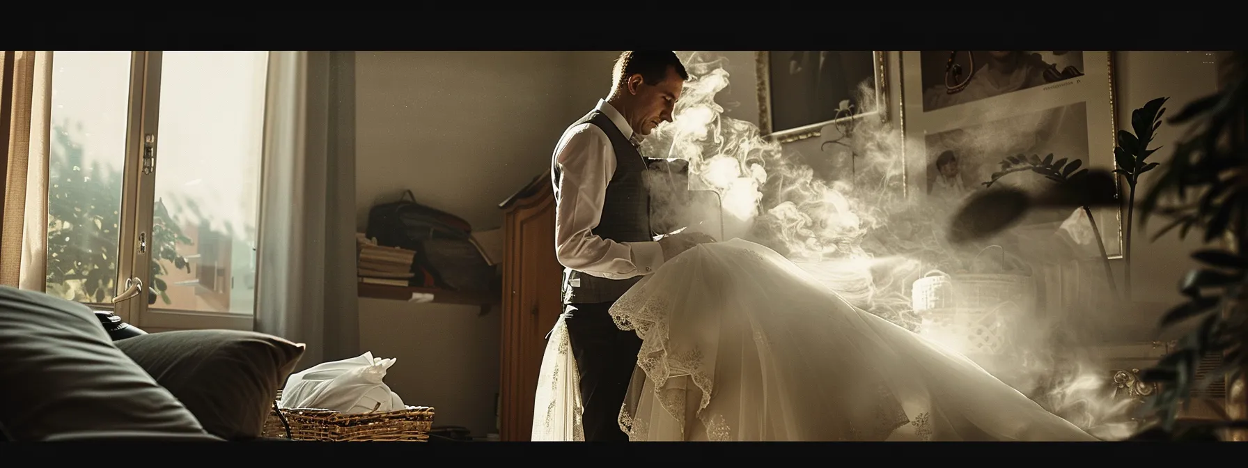 a tailor carefully steaming and pressing a wedding dress, creating a polished and wrinkle-free look before the big day. a tailor carefully steaming and pressing a wedding dress, creating a polished and wrinkle-free look before the big day.