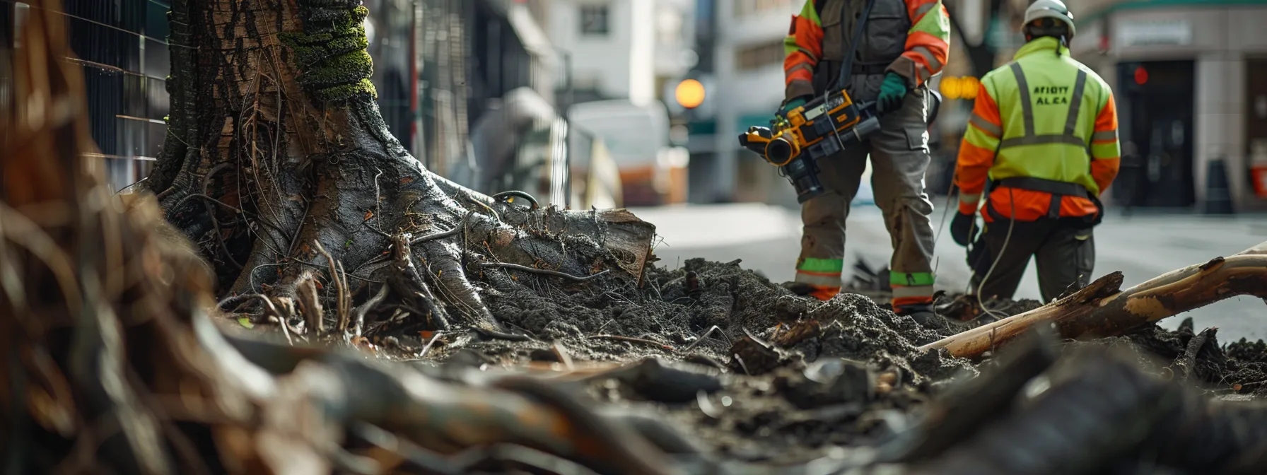 a team of arboriculture experts in safety gear inspects a damaged tree's root zone in a bustling urban environment, highlighting severe soil heaving, visible fungus, and construction-related impact on the roots, with specialized equipment ready for assessment and remediation.