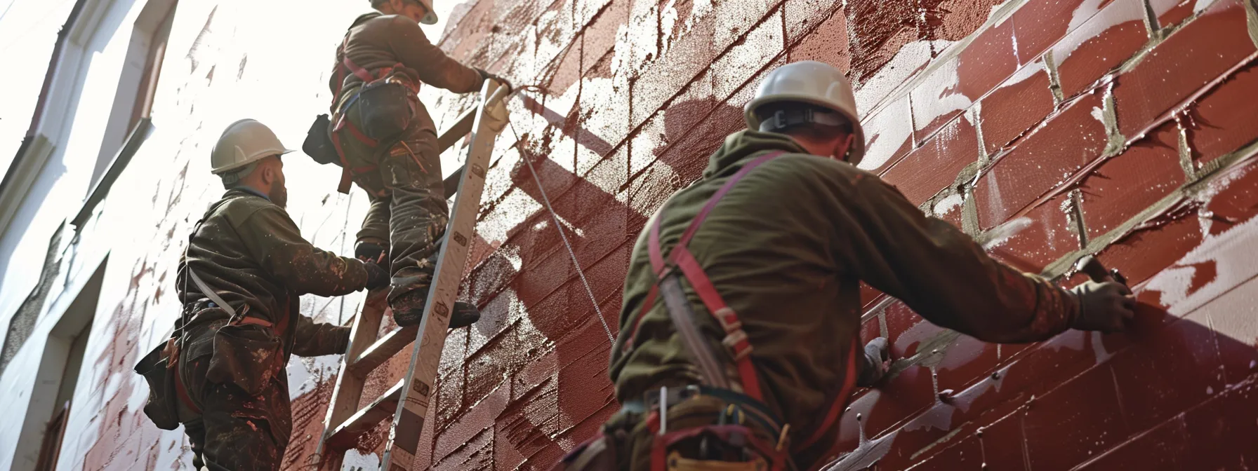 a team of expert contractors carefully waterproofing a brick wall, ensuring compliance with building standards and safety regulations.