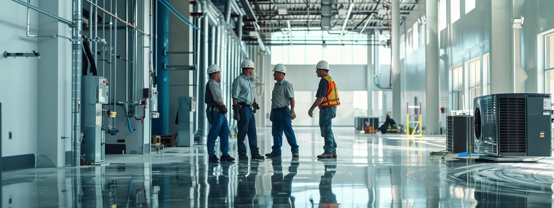a team of hvac technicians installing a state-of-the-art daikin system in a spacious commercial building in newark. a team of hvac technicians installing a state-of-the-art daikin system in a spacious commercial building in newark.